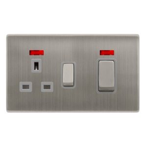 CLICK DEFINITY COMPLETE 50A INGOT DOUBLE POLE SWITCH WITH 13A DOUBLE POLE SWITCHED SOCKET & NEON -  STAINLESS STEEL COVER PLATE - GREY INSERT