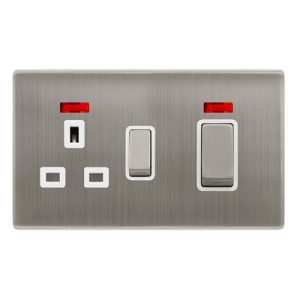 CLICK DEFINITY COMPLETE 50A INGOT DOUBLE POLE SWITCH WITH 13A DOUBLE POLE SWITCHED SOCKET & NEON -  STAINLESS STEEL COVER PLATE - POLAR WHITE INSERT