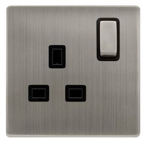 CLICK DEFINITY COMPLETE 13A INGOT 1 GANG DP SWITCHED SOCKET - STAINLESS STEEL COVER PLATE - BLACK INSERT