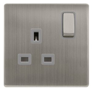 CLICK DEFINITY COMPLETE 13A INGOT 1 GANG DP SWITCHED SOCKET - STAINLESS STEEL COVER PLATE - GREY INSERT