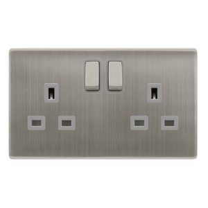 CLICK DEFINITY COMPLETE 13A INGOT 2 GANG DP SWITCHED SOCKET - STAINLESS STEEL COVER PLATE - GREY INSERT
