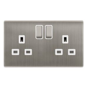 CLICK DEFINITY COMPLETE 13A INGOT 2 GANG DP SWITCHED SOCKET - STAINLESS STEEL COVER PLATE - POLAR WHITE INSERT