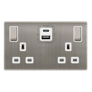 CLICK DEFINITY COMPLETE 13A INGOT 2 GANG SWITCHED SAFETY SHUTTER SOCKET WITH TYPE A & C USB - STAINLESS STEEL COVER PLATE - POLAR WHITE INSERT