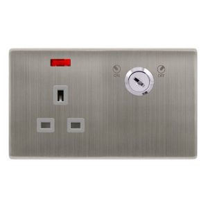 CLICK DEFINITY COMPLETE 13A 1 GANG DOUBLE POLE KEY LOCKABLE SOCKET WITH NEON - STAINLESS STEEL COVER PLATE - GREY INSERT