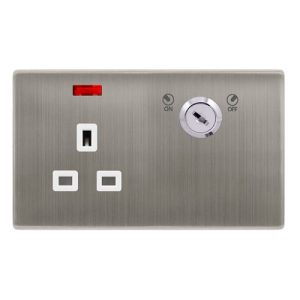CLICK DEFINITY COMPLETE 13A 1 GANG DOUBLE POLE KEY LOCKABLE SOCKET WITH NEON - STAINLESS STEEL COVER PLATE - POLAR WHITE INSERT