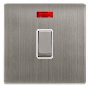 CLICK DEFINITY COMPLETE 20A INGOT DOUBLE POLE SWITCH WITH NEON - STAINLESS STEEL COVER PLATE - POLAR WHITE INSERT
