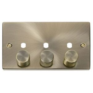 CLICK DECO VICTORIAN ANTIQUE BRASS VPAB 3-GANG DOUBLE DIMMER PLATE & KNOBS
