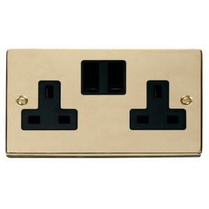 CLICK DECO VICTORIAN POLISHED BRASS VPBRASS 2-GANG 13A DP SWITCHED SOCKET BLACK