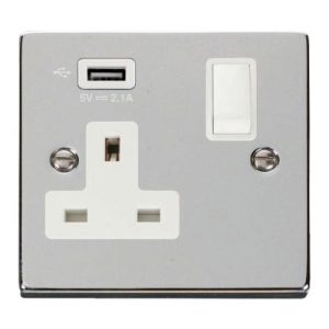 CLICK DECO POLISHED CHROME 1G SOCKET USB 2.1A (P/CH SWI WHT INS)