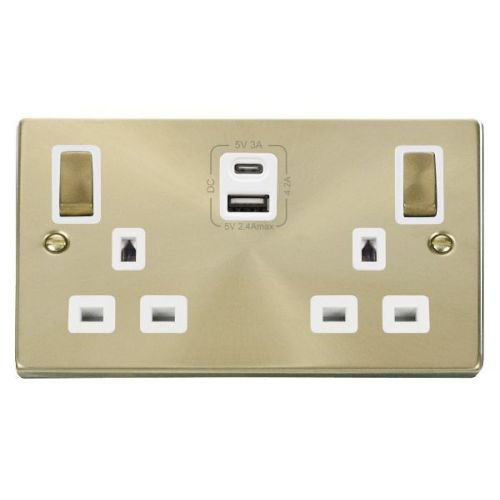 CLICK DECO VICTORIAN SATIN BRASS 2G 13A SW SOCKET 4.2A A&C USB INGOT VPSB WH