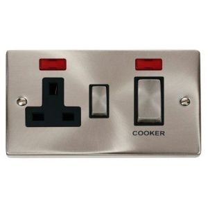 CLICK DECO VICTORIAN SATIN CHROME INGOT 45A DP SWITCH 13A SW SOCKET NEONS BLACK