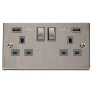 CLICK DECO VICTORIAN STAINLESS STEEL VPSS ING 2G 13A SW SOCKET 4.2A USB GREY