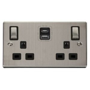 CLICK DECO VICTORIAN STAINLESS STEEL 2G 13A SW SOCKET 4.2A A&C USB INGOT VPSS BLACK