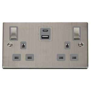 CLICK DECO VICTORIAN STAINLESS STEEL VPSS ING 2G 13A A&C USB SOCKET GREY