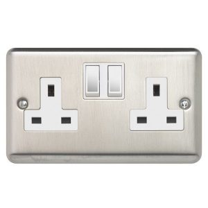 CONTACTUM BRUSHED STEEL 2G SWITCHED SOCKET (WHT INS)