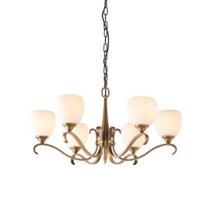 ENDON INTERIORS 1900 COLUMBIA BRASS 6LT PENDANT & OPAL GLASS