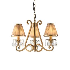 ENDON INTERIORS 1900 OKSANA ANTIQUE BRASS 3LT PENDANT & BEIGE SHADES