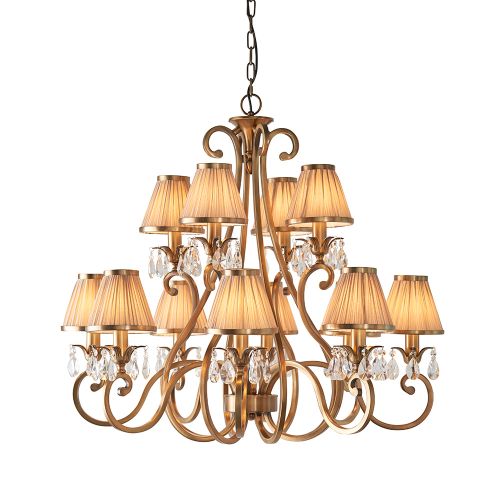 ENDON INTERIORS 1900 OKSANA ANTIQUE BRASS 12LT PENDANT & BEIGE SHADES