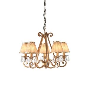 ENDON INTERIORS 1900 OKSANA ANTIQUE BRASS 5LT PENDANT & BEIGE SHADES