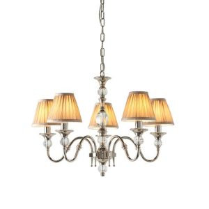 ENDON INTERIORS 1900 POLINA NICKEL 5LT PENDANT & BEIGE SHADES