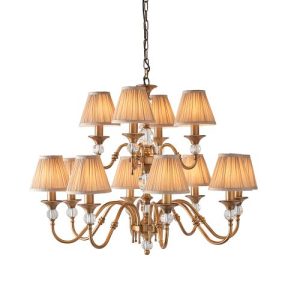 ENDON INTERIORS 1900 POLINA ANTIQUE BRASS 12LT PENDANT & BEIGE SHADES