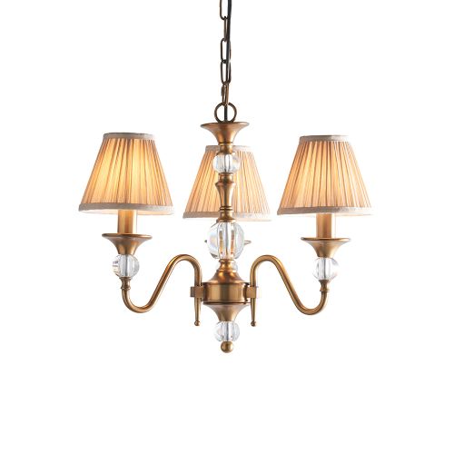 ENDON INTERIORS 1900 POLINA ANTIQUE BRASS 3LT PENDANT & BEIGE SHADES