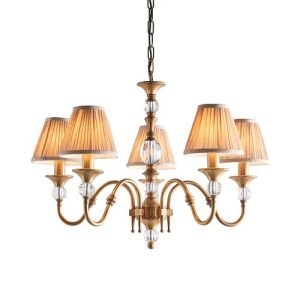 ENDON INTERIORS 1900 POLINA ANTIQUE BRASS 5LT PENDANT & BEIGE SHADES