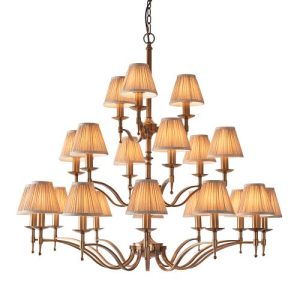 ENDON INTERIORS 1900 STANFORD ANTIQUE BRASS 21LT PENDANT & BEIGE SHADES