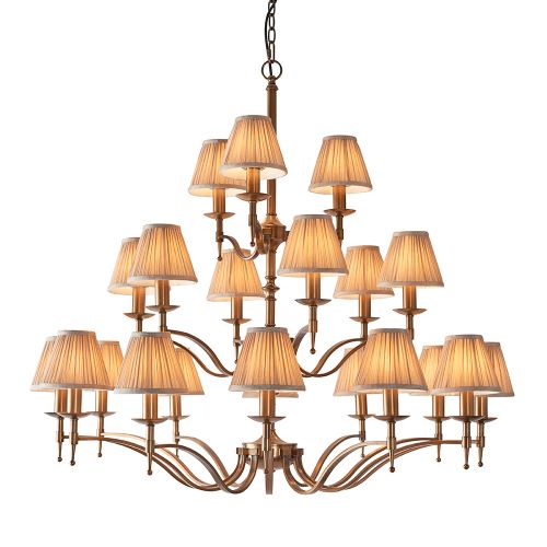 ENDON INTERIORS 1900 STANFORD ANTIQUE BRASS 21LT PENDANT & BEIGE SHADES