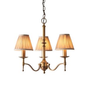 ENDON INTERIORS 1900 STANFORD ANTIQUE BRASS 3LT PENDANT & BEIGE SHADES