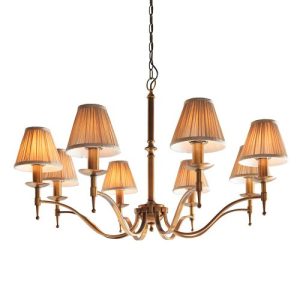 ENDON INTERIORS 1900 STANFORD ANTIQUE BRASS 8LT PENDANT & BEIGE SHADES