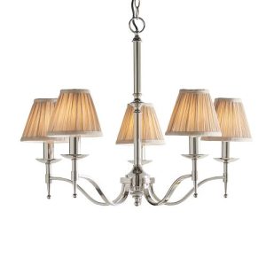 ENDON INTERIORS 1900 STANFORD NICKEL 5LT PENDANT & BEIGE SHADES