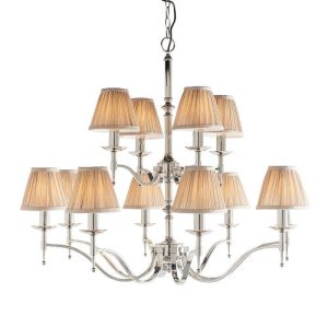 ENDON INTERIORS 1900 STANFORD NICKEL 12LT PENDANT & BEIGE SHADES