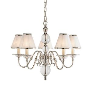 ENDON INTERIORS 1900 TILBURG NICKEL 5LT PENDANT & WHITE SHADES
