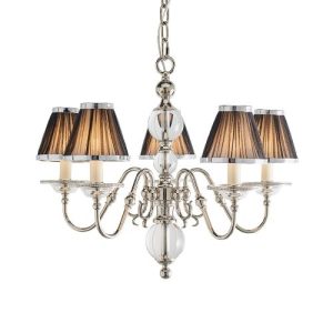 ENDON INTERIORS 1900 TILBURG NICKEL 5LT PENDANT & BLACK SHADES