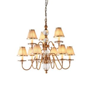 ENDON INTERIORS 1900 TILBURG ANTIQUE BRASS 9LT PENDANT & BEIGE SHADES