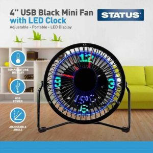4" BLACK USB DESK FAN WITH CLOCK AND TEMPERATURE DISPLAY