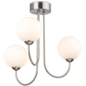 FIRSTLIGHT LYNDON 3 LIGHT FLUSH CEILING FITTING BRUSHED STEEL WITH OPAL WHITE GLASS