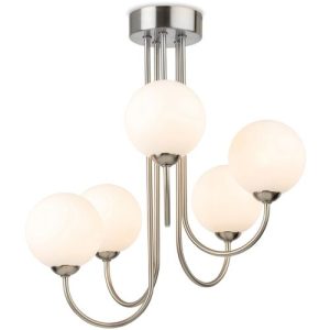 FIRSTLIGHT LYNDON 5 LIGHT FLUSH CEILING FITTING BRUSHED STEEL WITH OPAL WHITE GLASS