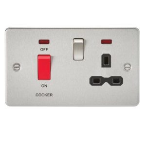 KNIGHTSBRIDGE FLAT PLATE 45A DP SWITCH AND 13A SWITCHED SOCKET WITH NEON - BRUSHED CHROME WITH BLACK INSERT