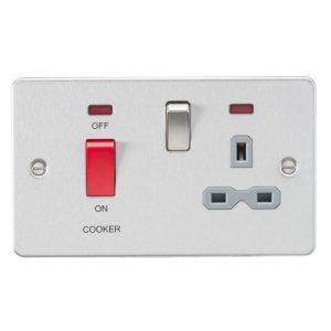 KNIGHTSBRIDGE FLAT PLATE 45A DP SWITCH AND 13A SWITCHED SOCKET WITH NEON - BRUSHED CHROME WITH GREY INSERT