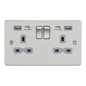 KNIGHTSBRIDGE 13A 2G SWITCHED SOCKET WITH DUAL USB CHARGER A + A (2.4A) - BRUSHED CHROME WITH GREY INSERT