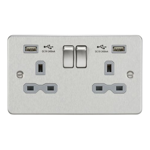 KNIGHTSBRIDGE 13A 2G SWITCHED SOCKET WITH DUAL USB CHARGER A + A (2.4A) - BRUSHED CHROME WITH GREY INSERT