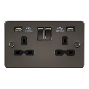 KNIGHTSBRIDGE 13A 2G SWITCHED SOCKET WITH DUAL USB CHARGER A + A (2.4A) - GUNMETAL WITH BLACK INSERT