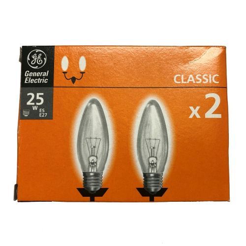 GENERAL ELECTRIC 25W INCANDESCENT CLEAR CANDLE BULB ES E27 200LM - TWIN PACK