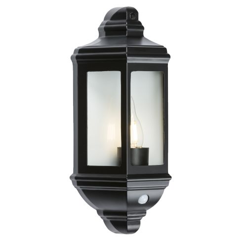 KNIGHTSBRIDGE IP33 60W DIE-CAST ALUMINIUM CLEAR GLASS WALL LANTERN WITH PIR SENSOR