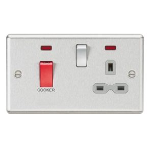 KNIGHTSBRIDGE 45A DP COOKER SWITCH 13A SWITCHED SOCKET WITH NEONS & GREY INSERT - ROUNDED EDGE BRUSHED CHROME