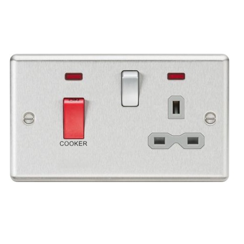 KNIGHTSBRIDGE 45A DP COOKER SWITCH 13A SWITCHED SOCKET WITH NEONS & GREY INSERT - ROUNDED EDGE BRUSHED CHROME