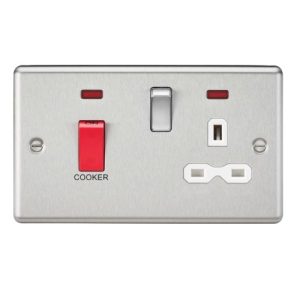 KNIGHTSBRIDGE 45A DP COOKER SWITCH & 13A SWITCHED SOCKET WITH NEONS & WHITE INSERT - ROUNDED EDGE BRUSHED CHROME