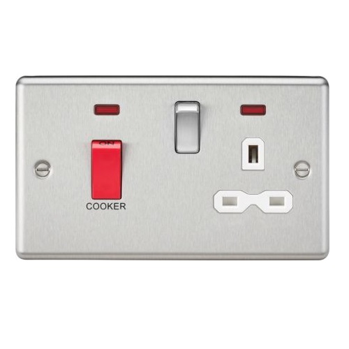 KNIGHTSBRIDGE 45A DP COOKER SWITCH & 13A SWITCHED SOCKET WITH NEONS & WHITE INSERT - ROUNDED EDGE BRUSHED CHROME